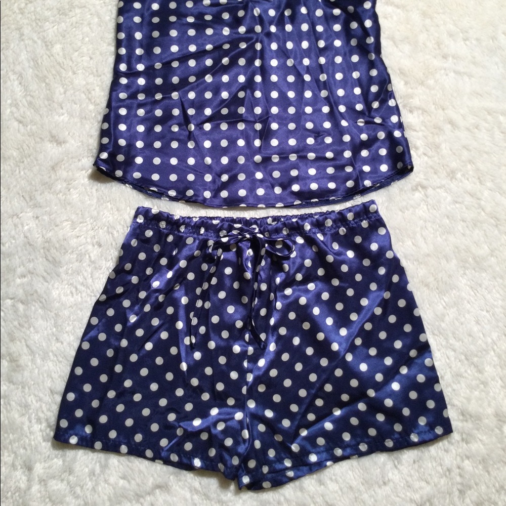 🌀2XHP!🌀VINTAGE | Satin Blue Silver Polka Dot PJs - Picture 2 of 12